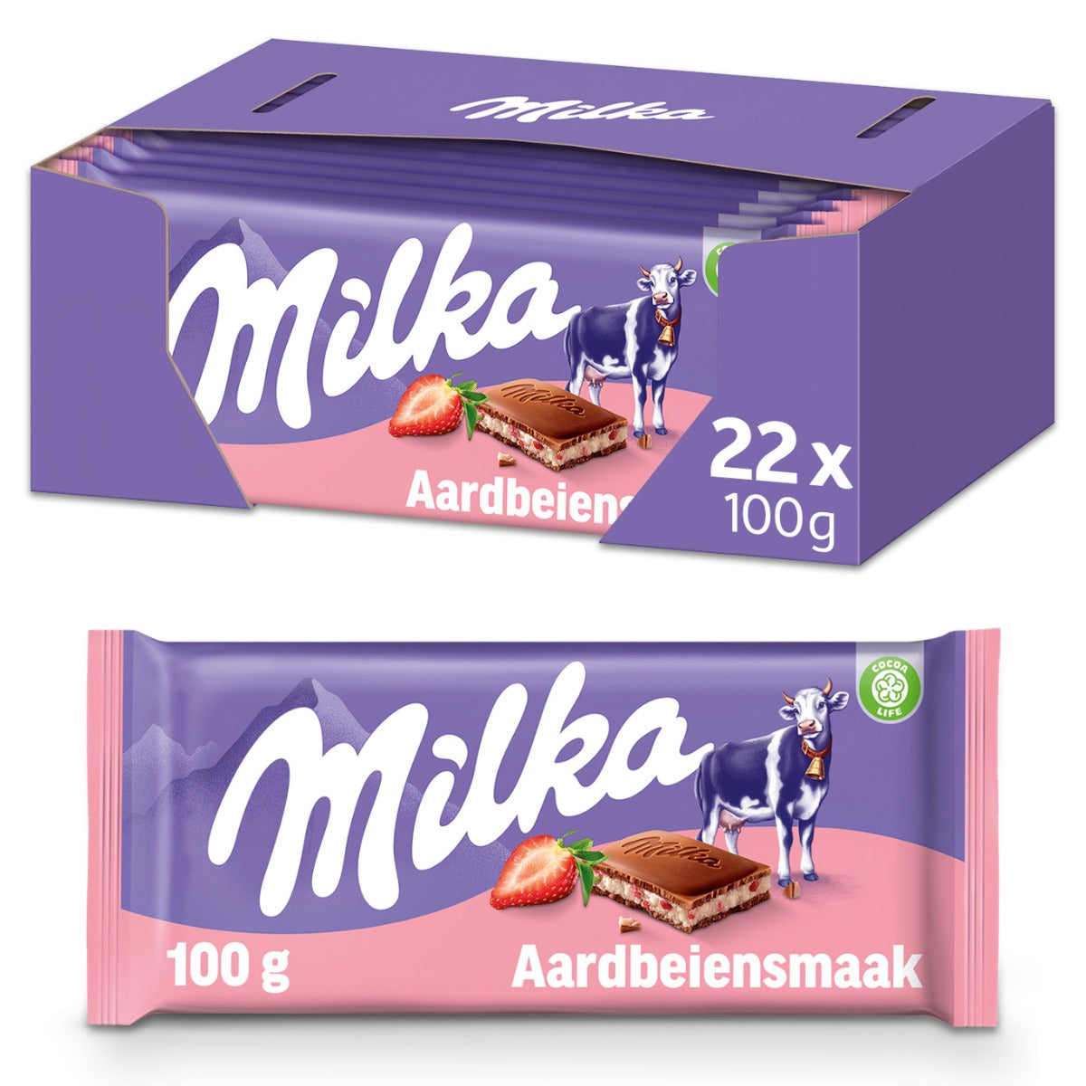 Milka Aardbei Chocolade Reep Doos - 22 x 100 Gram