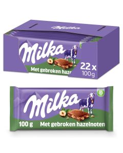 Milka Gebroken Hazelnoot Chocolade Reep 22 x 100 Gram