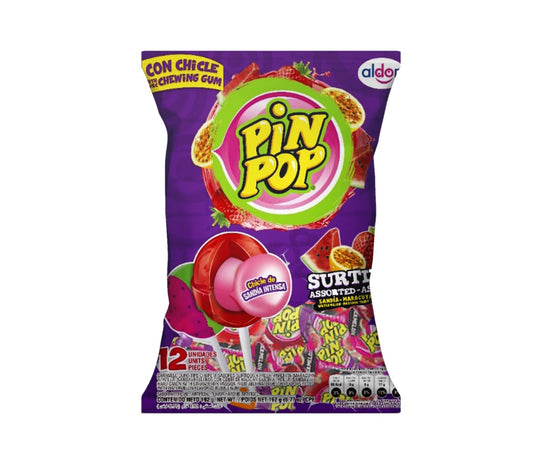 Pin Pop Lolly Assortiment Met Kauwgom 192 gram (12 stuks)