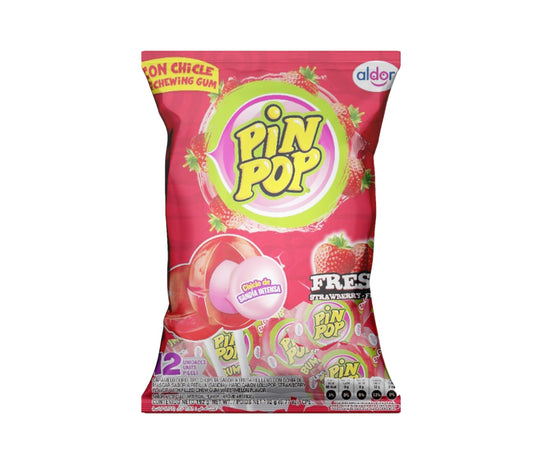 Pin Pop Lolly Aardbei Met Kauwgom 192 gram (12 stuks)